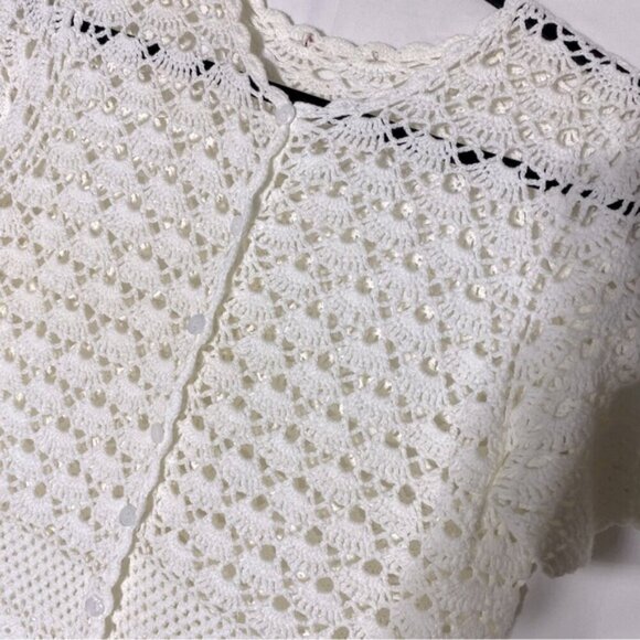 Vintage Cream Crochet Lace Knit Button Front Short Sleeve Cardigan M - Picture 9 of 12